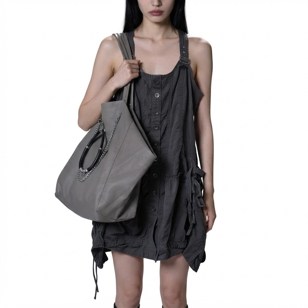 Oversized Grey Leather Tote Bag with Silver Chain