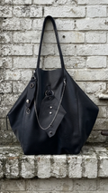 Handmade Genuine Leather Black Tote Bag with Upcycled Accents