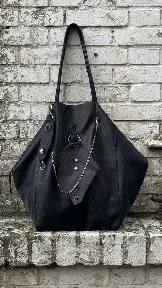 Handmade Genuine Leather Black Tote Bag with Upcycled Accents