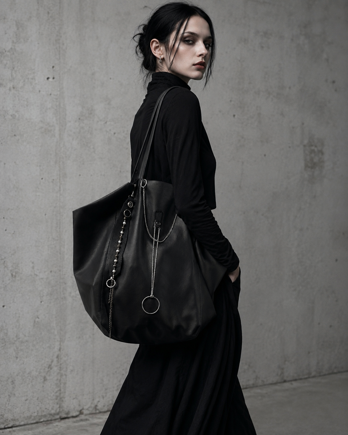 Y2K Style Black Leather Shoulder Bag with Chains
