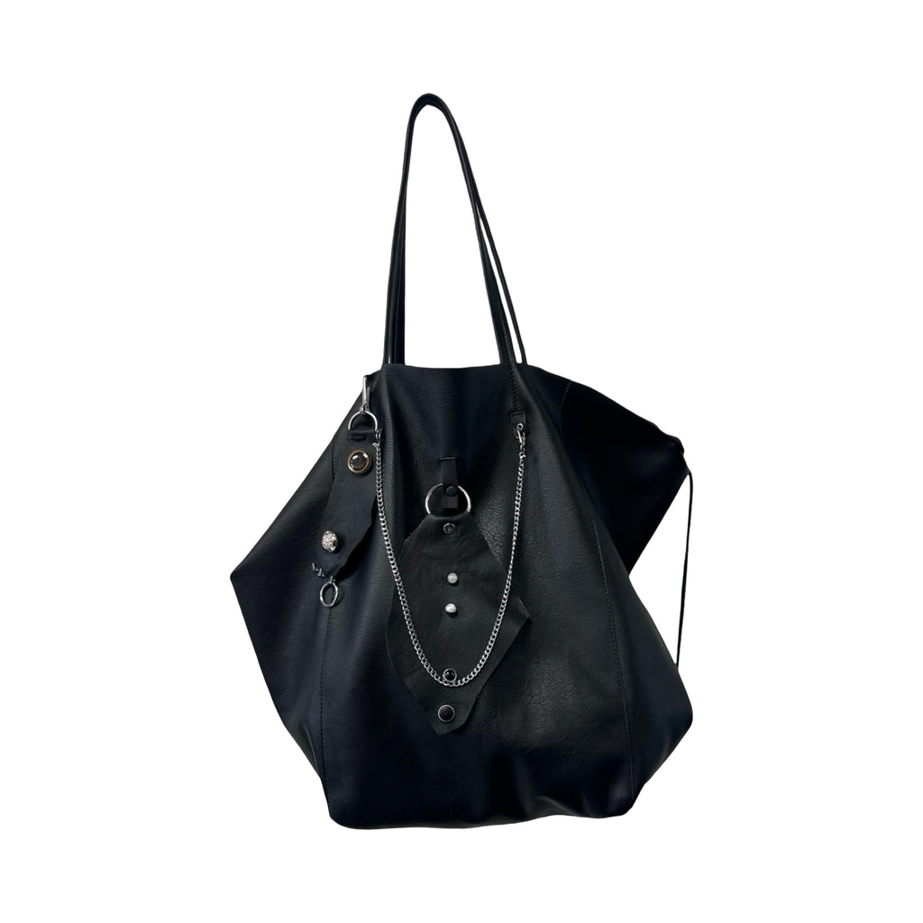 Handmade Genuine Leather Black Tote Bag with Upcycled Accents