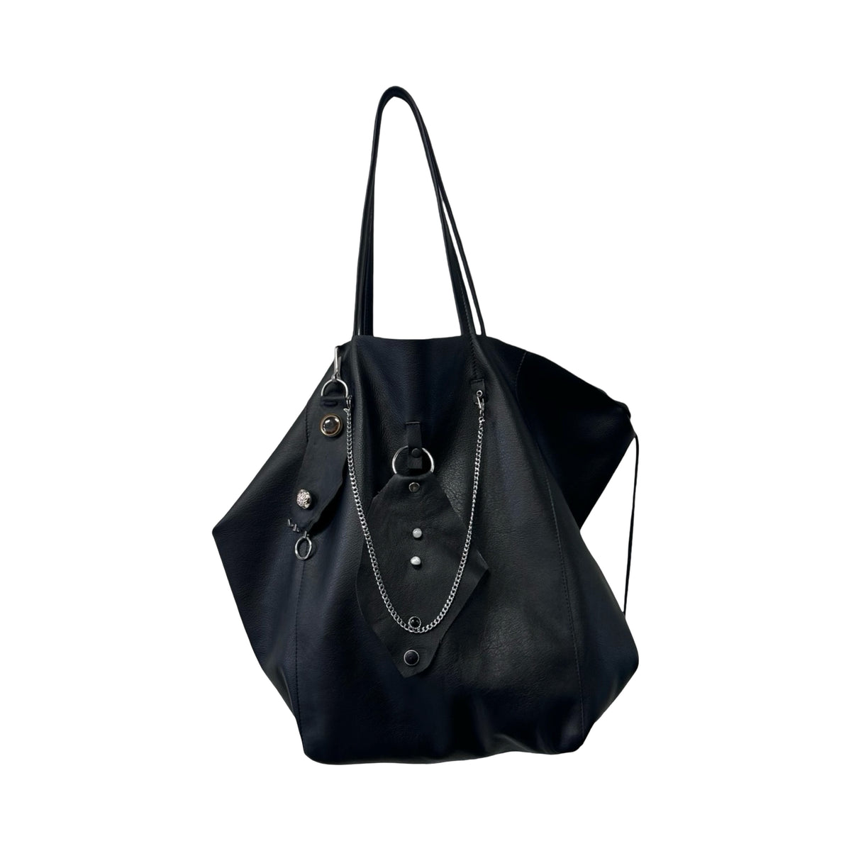 Handmade Genuine Leather Black Tote Bag with Upcycled Accents