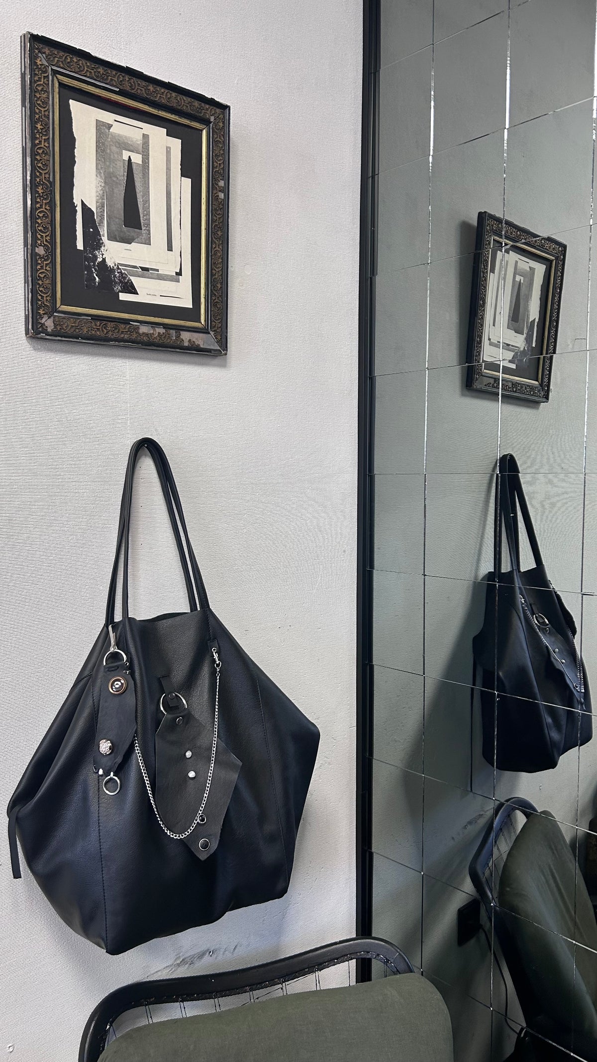 Handmade Genuine Leather Black Tote Bag with Upcycled Accents