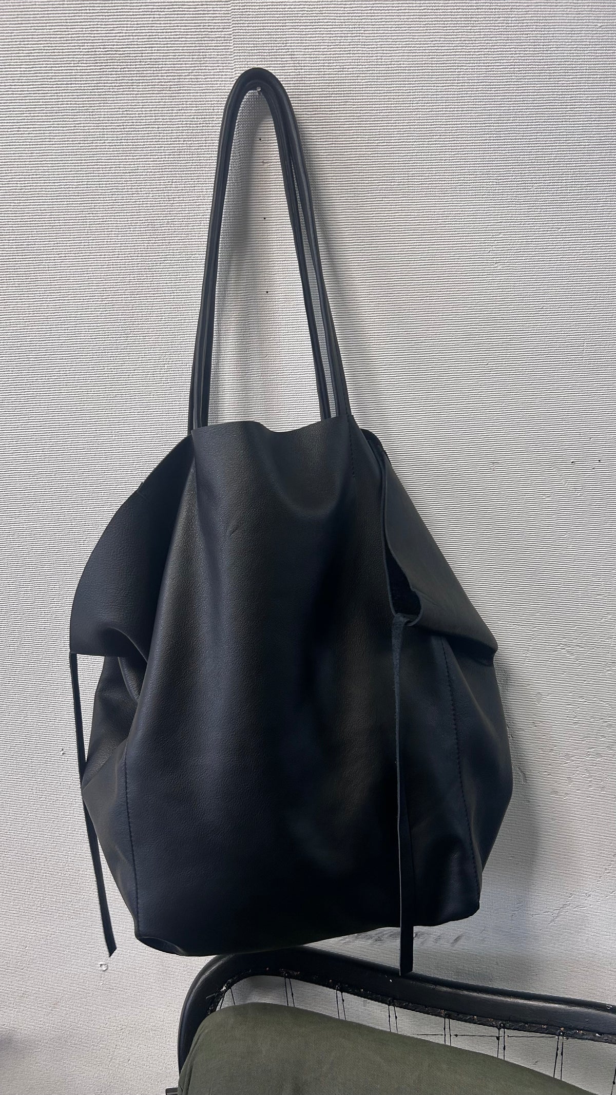Handmade Genuine Leather Black Tote Bag with Upcycled Accents