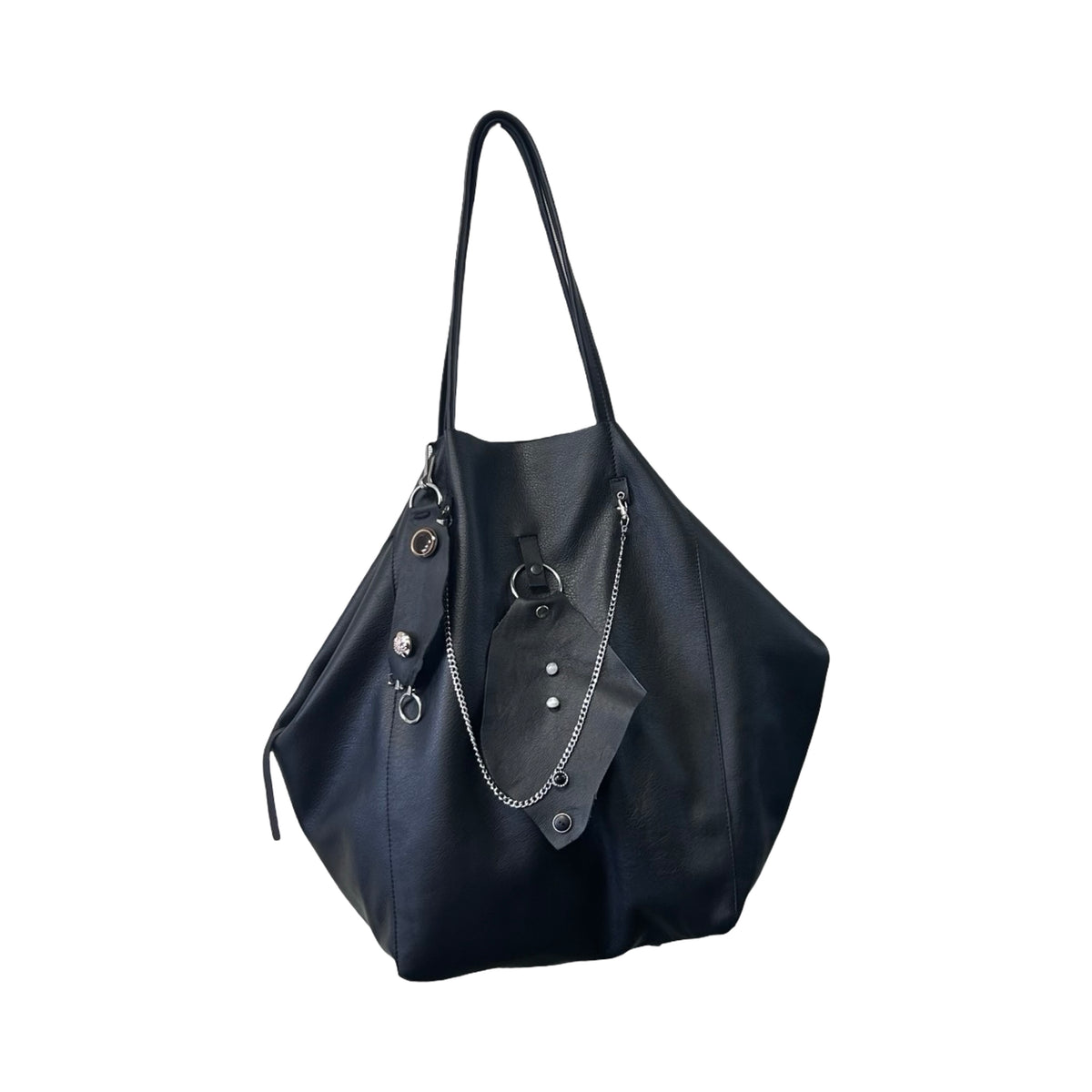 Handmade Genuine Leather Black Tote Bag with Upcycled Accents