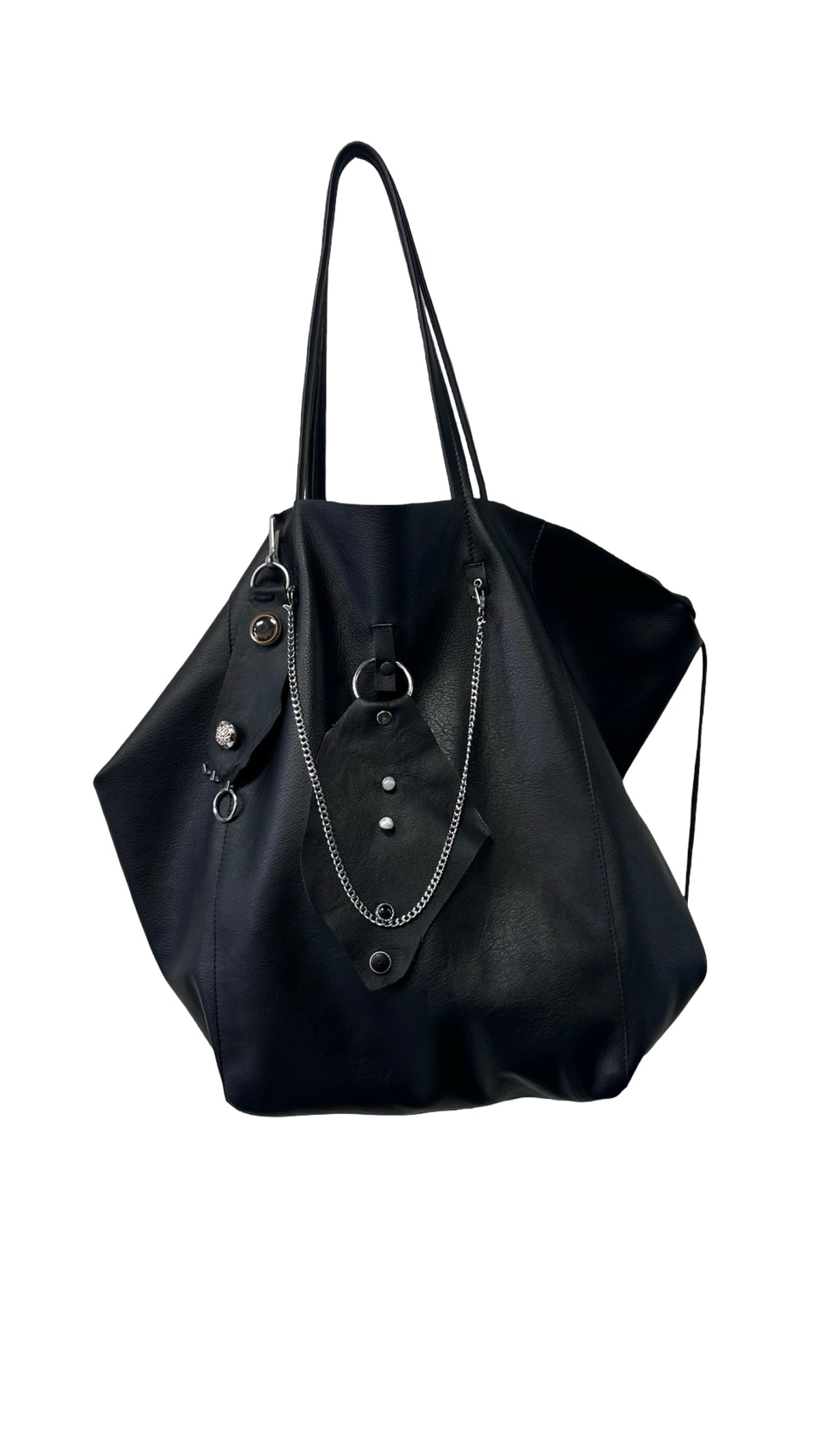Handmade Genuine Leather Black Tote Bag with Upcycled Accents