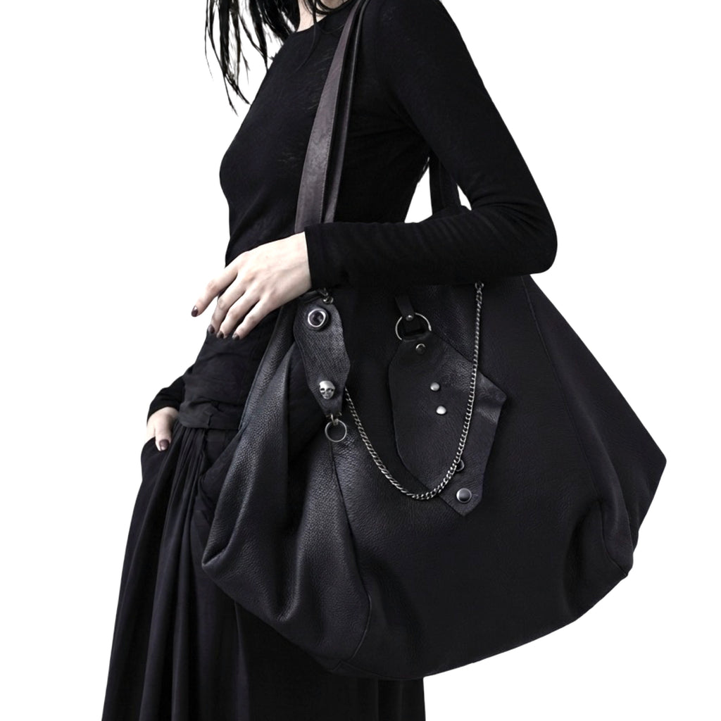 Handmade Genuine Leather Black Tote Bag with Upcycled Accents