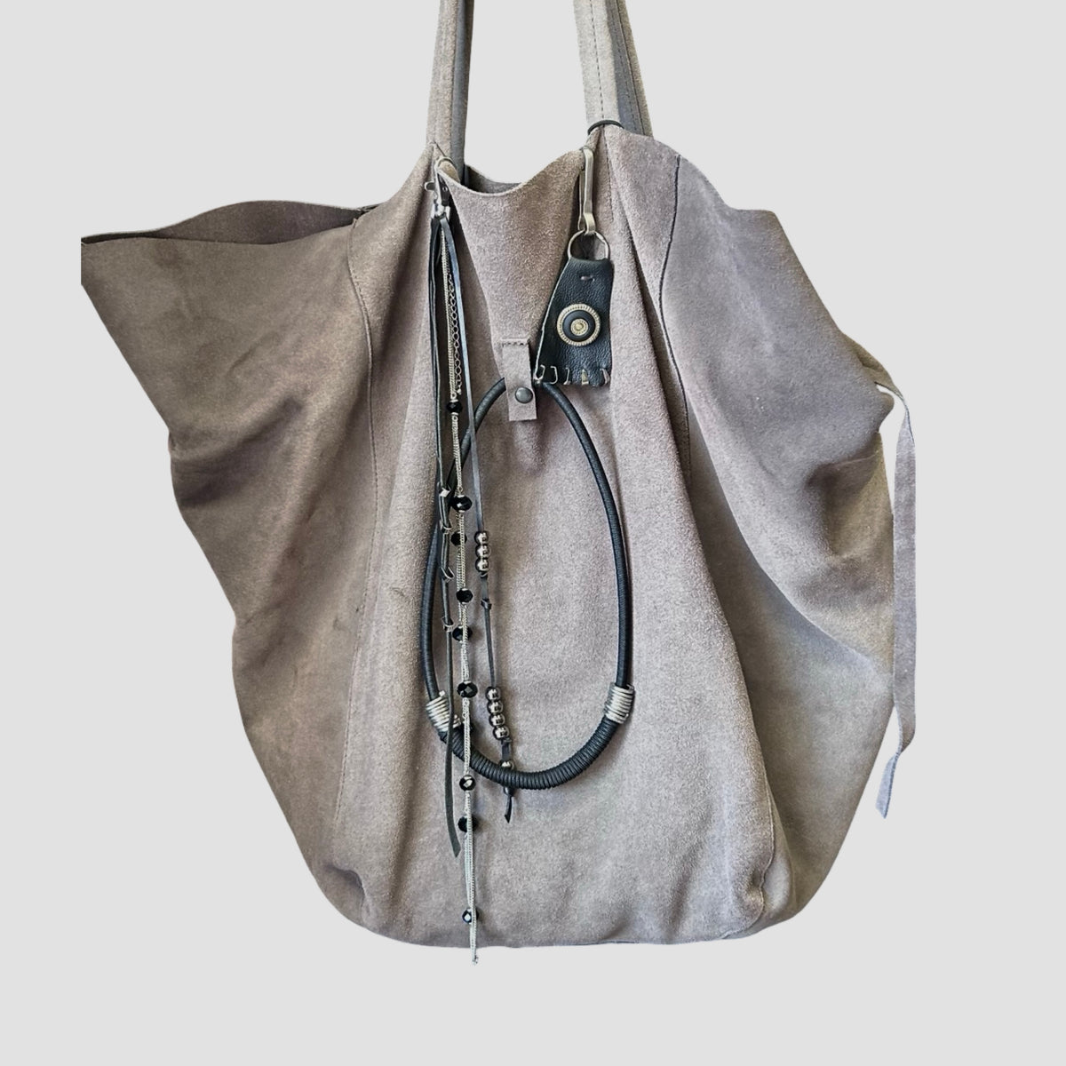 Grey Suede Tote with Upcycled Charms