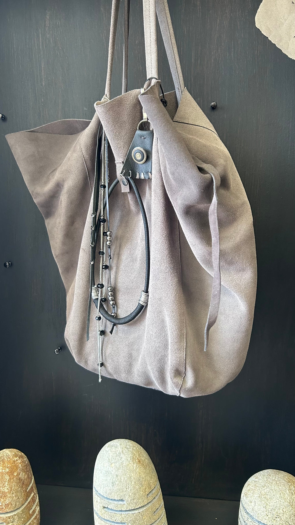 Grey Suede Tote with Upcycled Charms