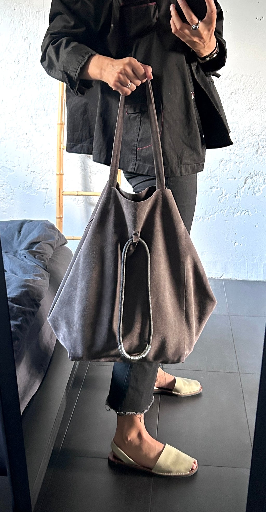 Large Slouch Suede Bag with Minimal Jewellery