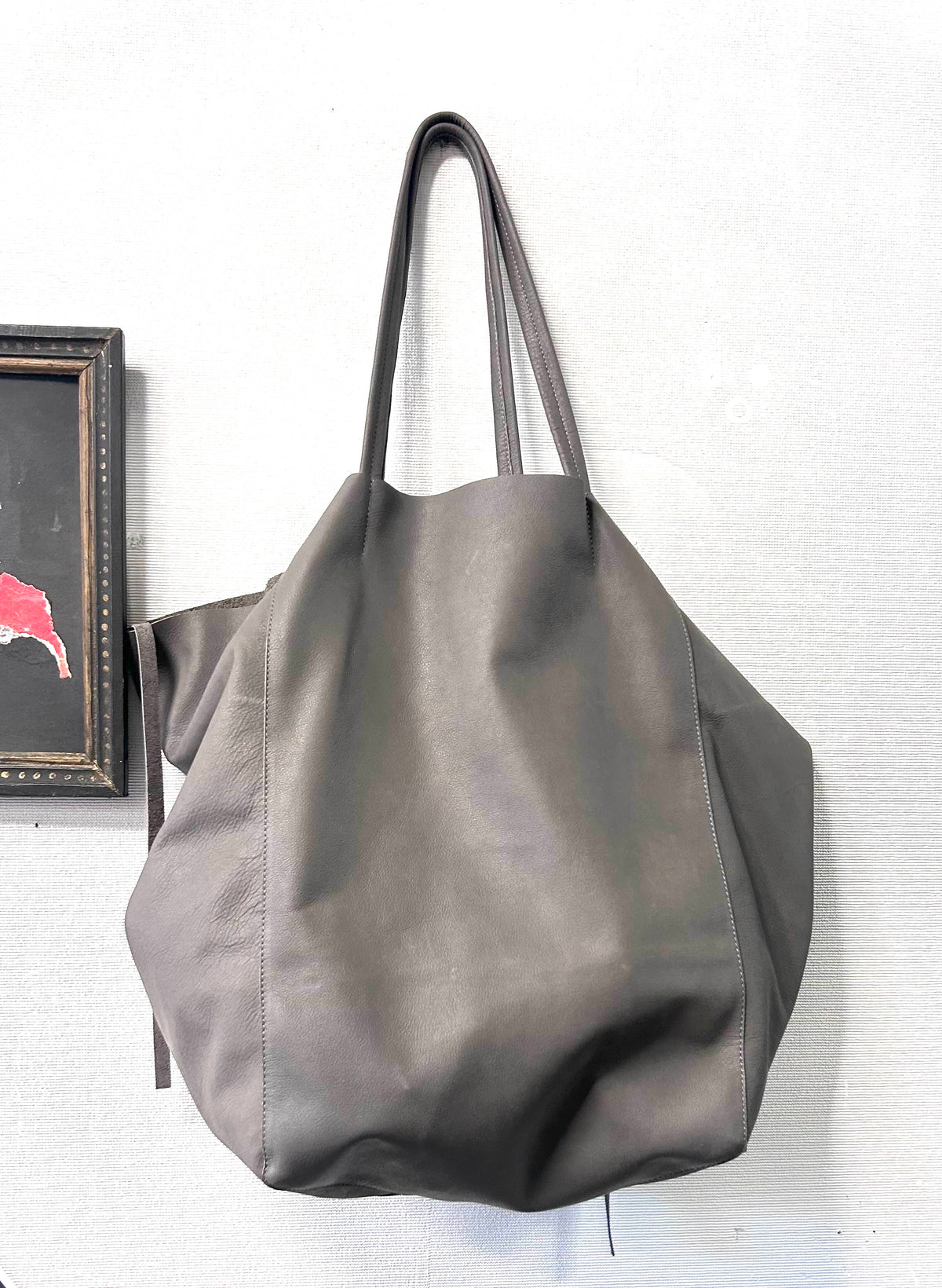 Oversized Grey Leather Tote Bag with Silver Chain