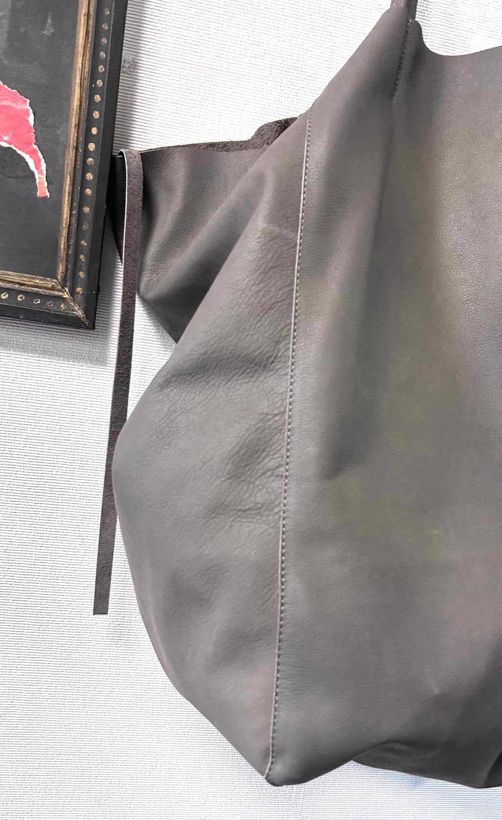 Oversized Grey Leather Tote Bag with Silver Chain