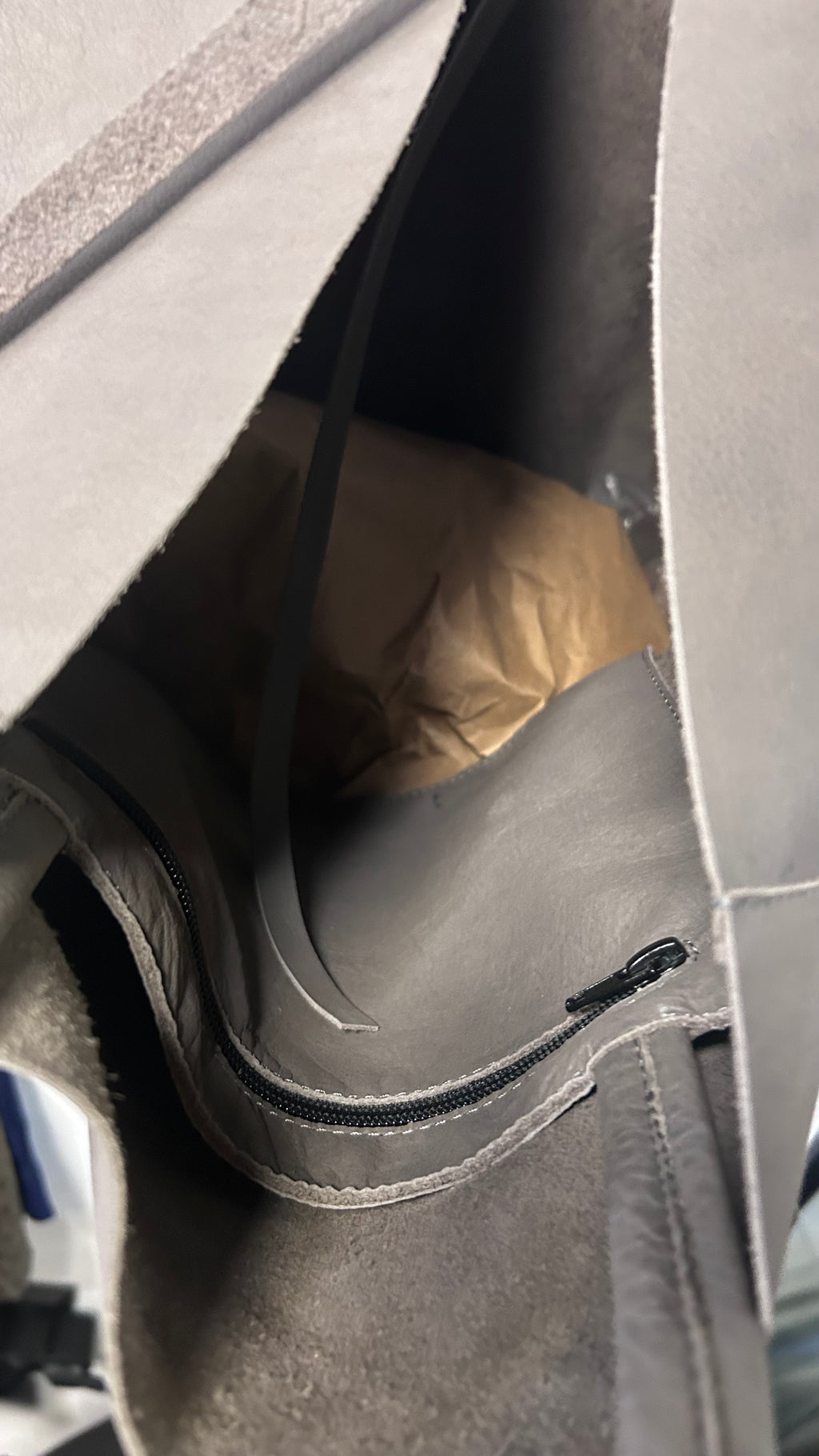 Oversized Grey Leather Tote Bag with Silver Chain