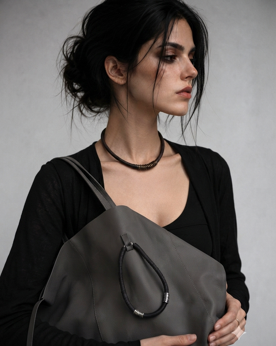 Handmade Boho Goth Gray Leather Large Bag