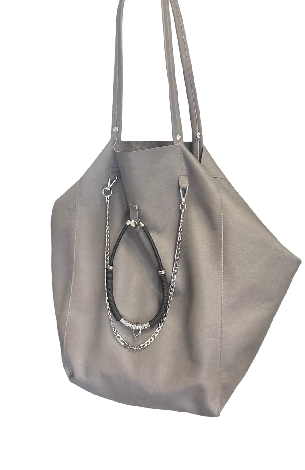 Oversized Grey Leather Tote Bag with Silver Chain