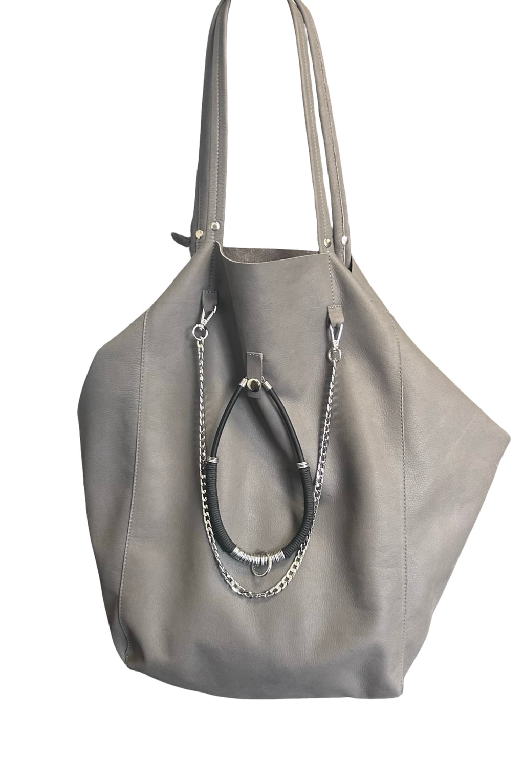 Oversized Grey Leather Tote Bag with Silver Chain