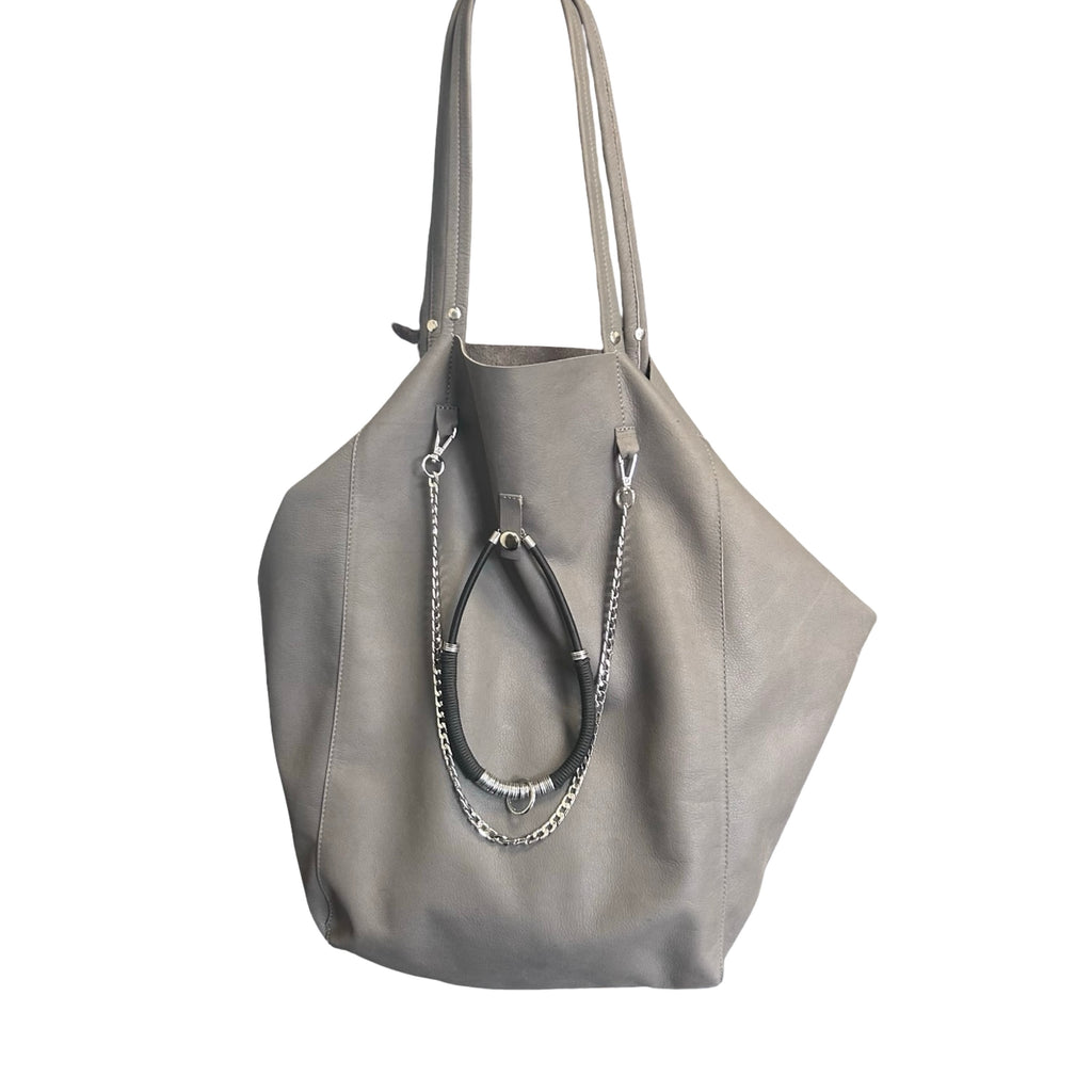 Oversized Grey Leather Tote Bag with Silver Chain