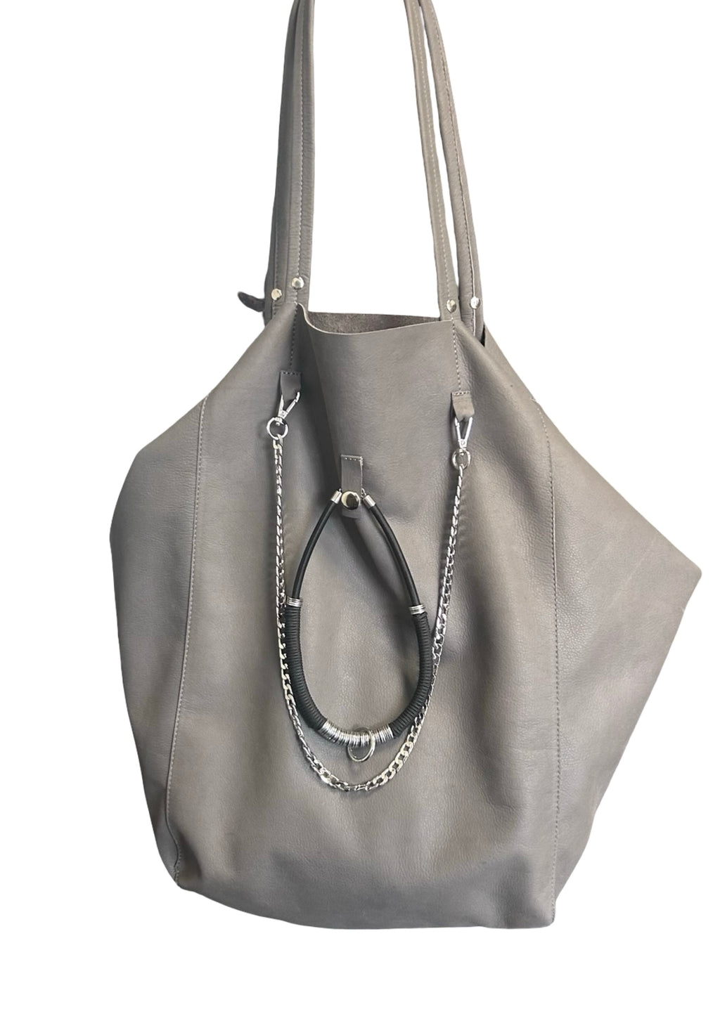 Oversized Grey Leather Tote Bag with Silver Chain