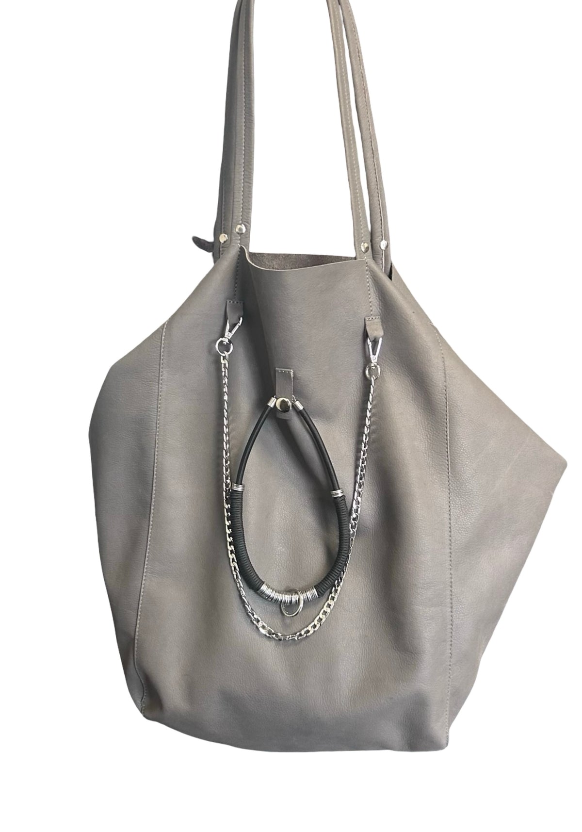Oversized Grey Leather Tote Bag with Silver Chain