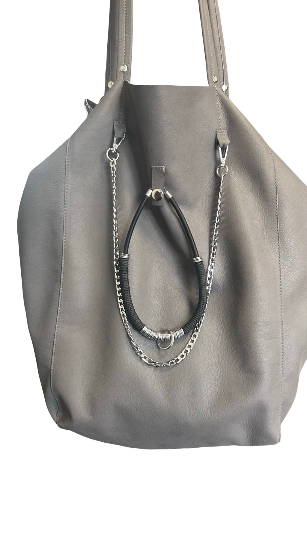 Oversized Grey Leather Tote Bag with Silver Chain