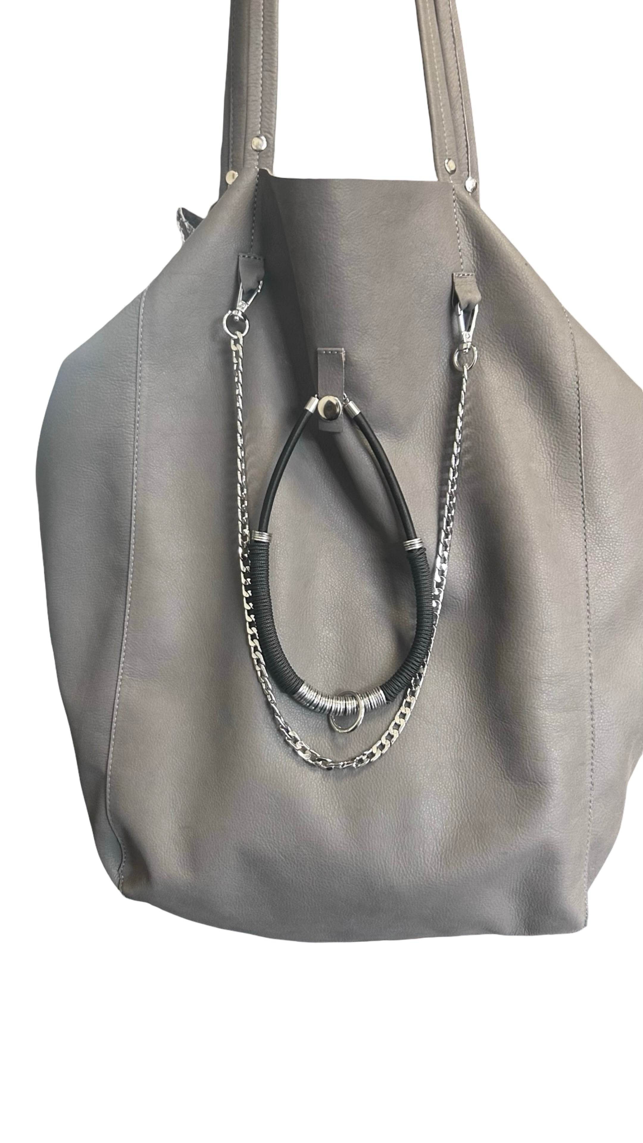 Oversized Grey Leather Tote Bag with Silver Chain