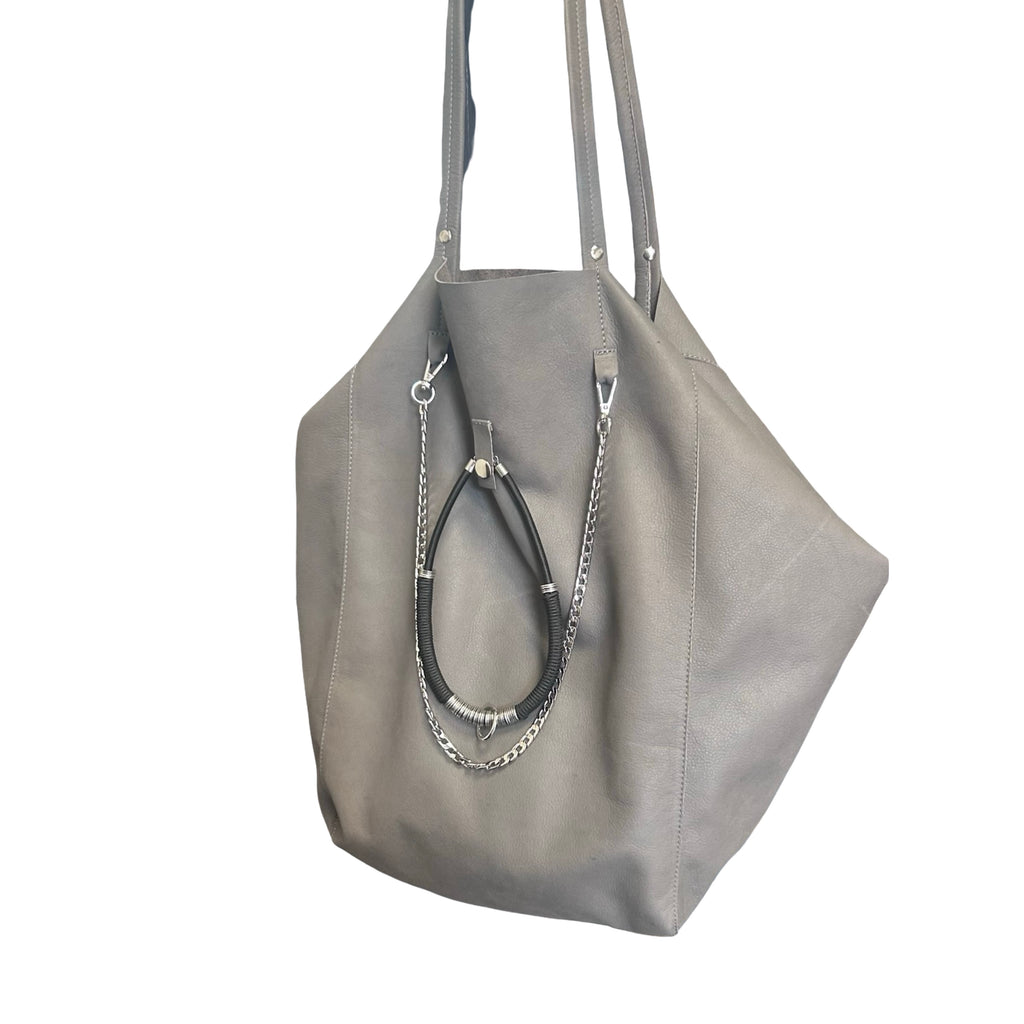 Oversized Grey Leather Tote Bag with Silver Chain