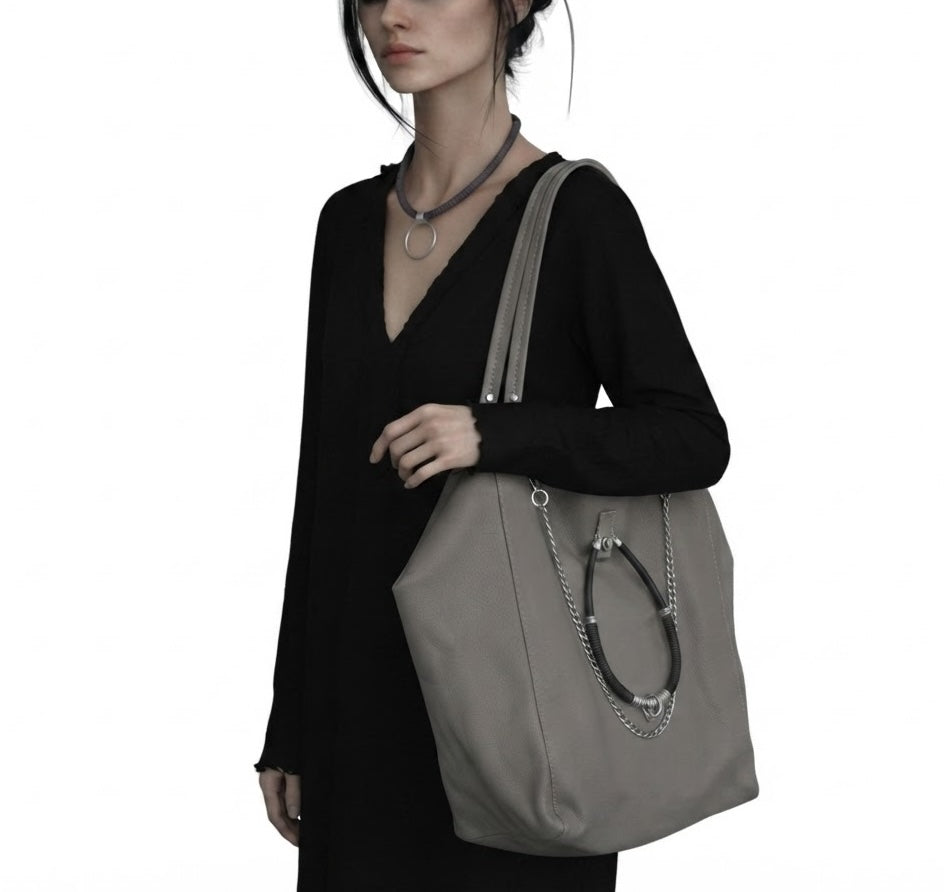 Oversized Grey Leather Tote Bag with Silver Chain