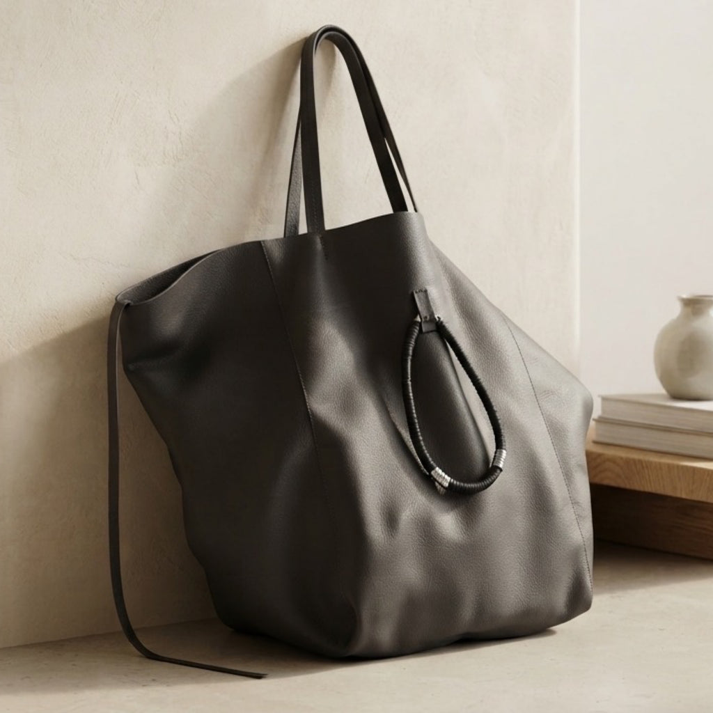 Handmade Boho Goth Gray Leather Large Bag