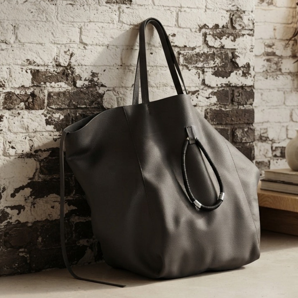 Handmade Boho Goth Gray Leather Large Bag