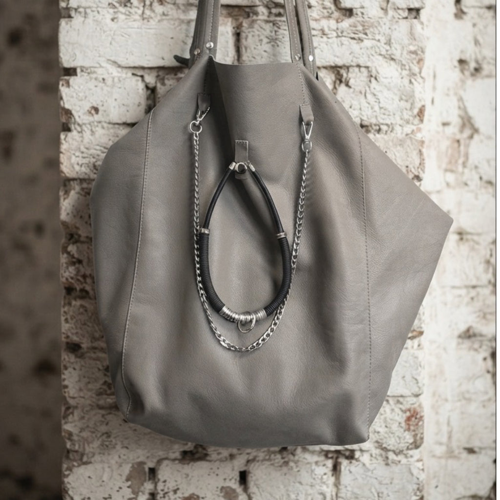 Oversized Grey Leather Tote Bag with Silver Chain