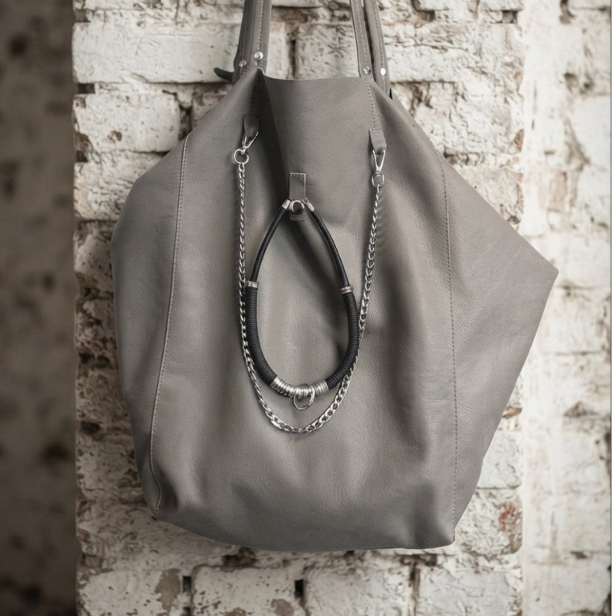 Oversized Grey Leather Tote Bag with Silver Chain