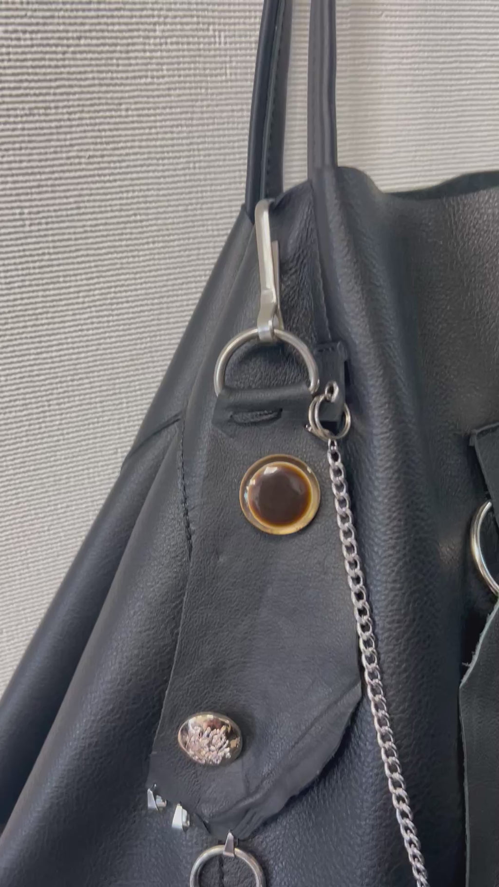 Handmade Genuine Leather Black Tote Bag with Upcycled Accents