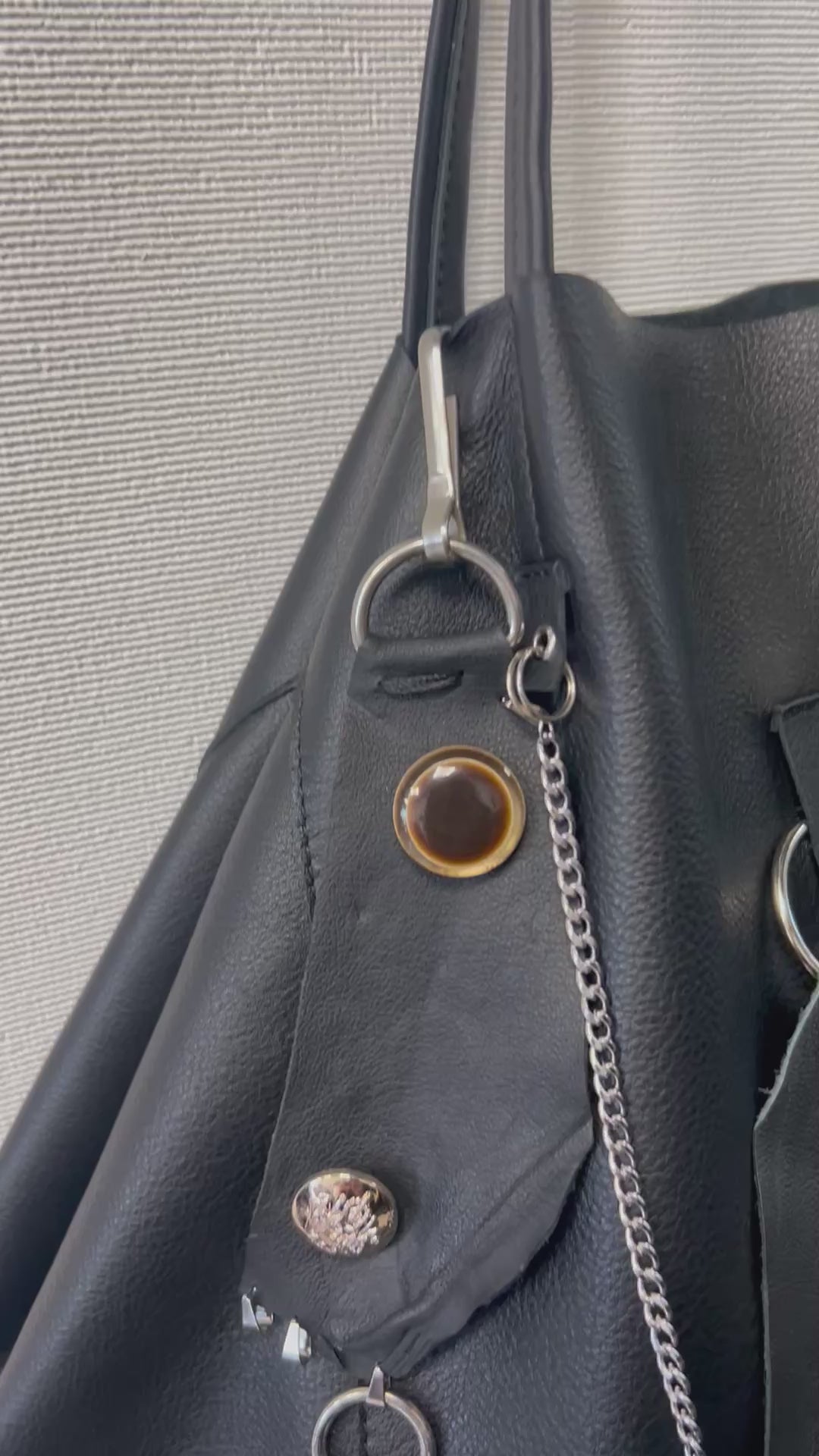 Handmade Genuine Leather Black Tote Bag with Upcycled Accents