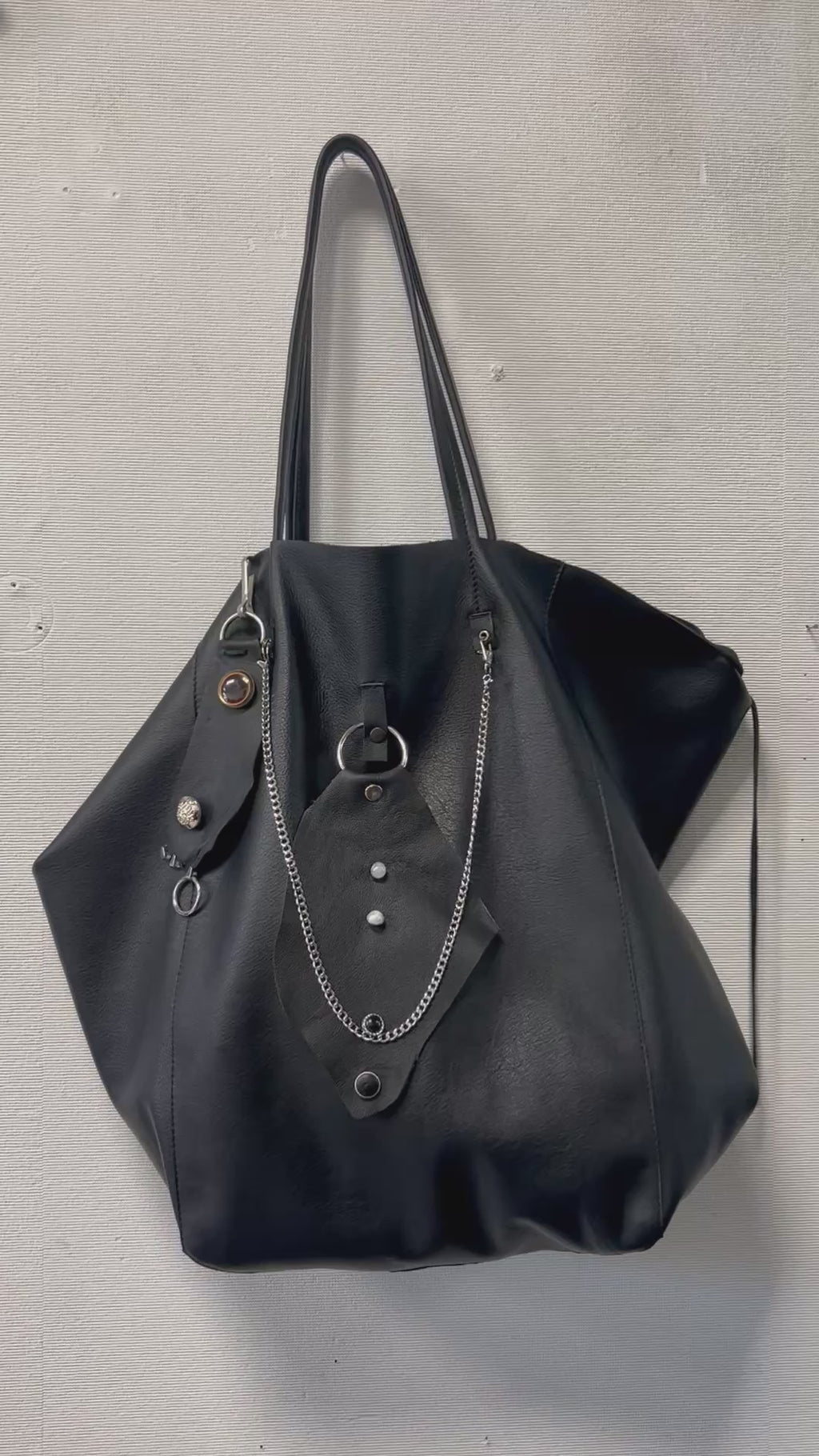 Handmade Genuine Leather Black Tote Bag with Upcycled Accents